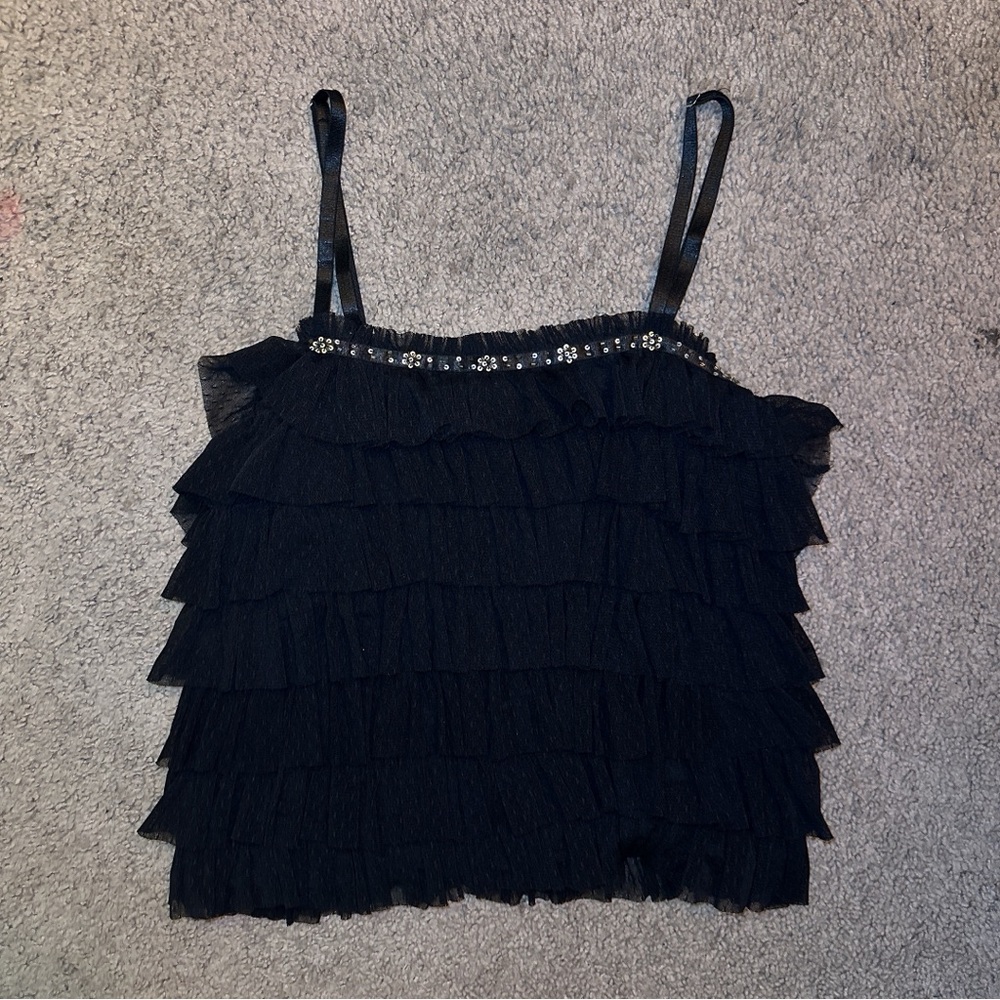 Ruffle Black Tank w/Bead Detailing on Trim
